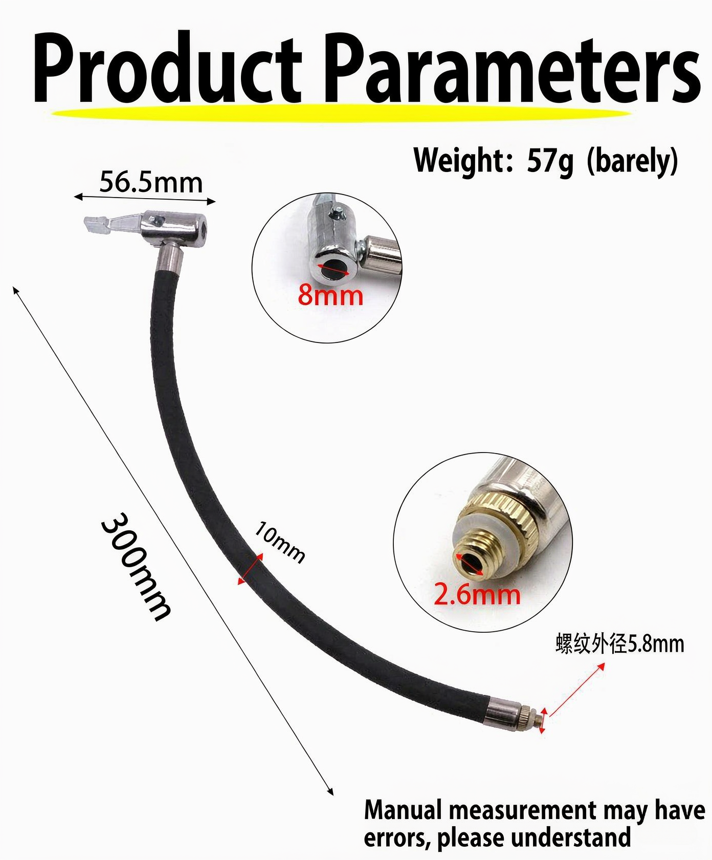 Portable Tire Inflator Extension Hose – Iron Clip-On Schrader Chuck, M6 Male Pump Thread, Rubber Air Line - Image 4