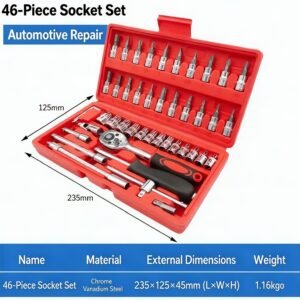 46-Piece 1/4" Drive Ratchet Socket Set – Metric Hand Tool Kit for Auto Repair, Garage & Roadside Maintenance