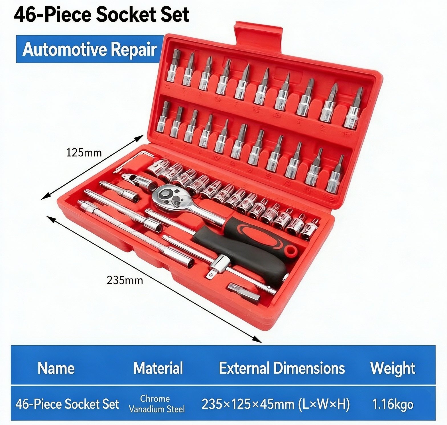 46-Piece 1/4" Drive Ratchet Socket Set – Metric Hand Tool Kit for Auto Repair, Garage & Roadside Maintenance