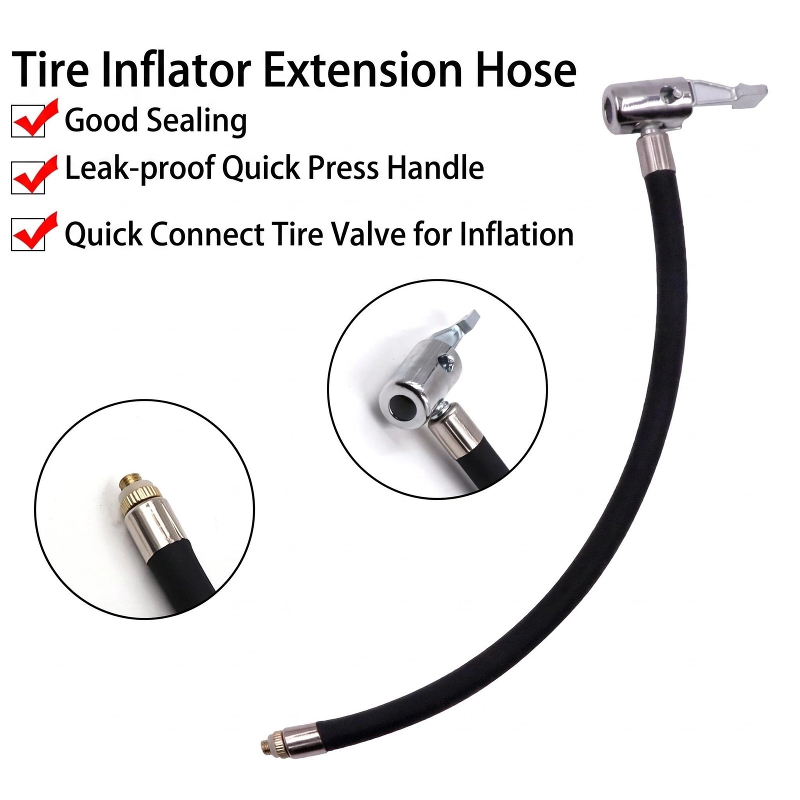 Portable Tire Inflator Extension Hose – Iron Clip-On Schrader Chuck, M6 Male Pump Thread, Rubber Air Line